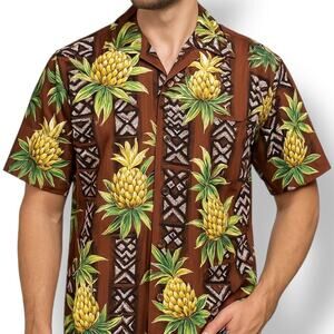Vintage Hilo Hattie Hawaiian Shirt Brown Pineapple Print Short Sleeve Large